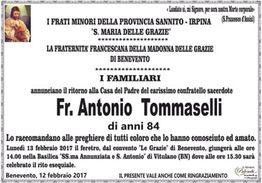 Valle Caudina: è morto padre Antonio Tommaselli