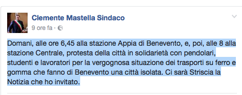 Ferrovia Benevento-Napoli, in campo Mastella: Domani Striscia a Benevento