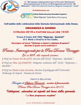 Valle Caudina: Premio per la pace Donna Coraggio alle prof. Pina Sgambato, Franca Di Blasio e Maria Luisa Iavarone il 15 marzo