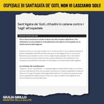 Ospedale di Sant’Agata, il ministro Grillo: Non vi lasciamo soli