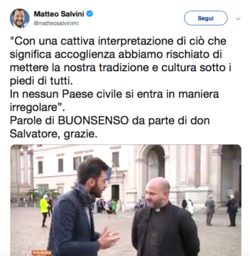 Valle Caudina. un tweet di Salvini per don Salvatore Picca