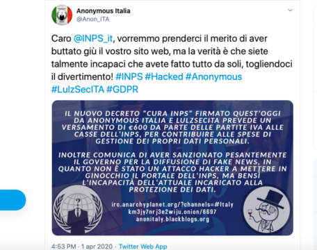 Anonymous prende in giro l’Inps: Nostro attacco? No, avete fatto tutto da soli