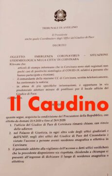 Coronavirus a Cervinara: chiude l’ufficio del Giudice di Pace