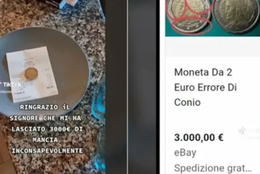 La moneta da due euro, lasciata ad un cameriere di un'osteria di Benevento, ne vale tremila