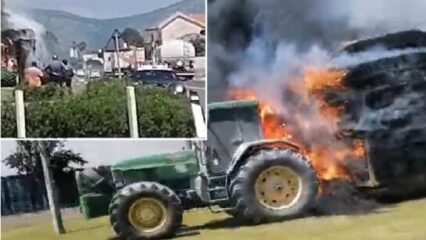 Un trattore con rimorchio prende fuoco lungo l'Appia
