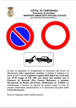 Cervinara: divieto di transito e di sosta per interventi di segnaletica stradale