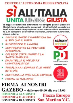 SanMartino: tre domeniche d’agosto per raccogliere firme contro l’autonomia differenziata