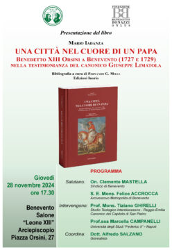 Giovedì 28 novembre si presenta “Una città nel cuore di un Papa. Benedetto XIII Orsini a Benevento (1727 e 1729) nella testimonianza del canonico Giuseppe Limatola”.