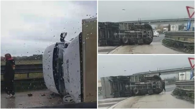 Camion si ribalta lungo la statale