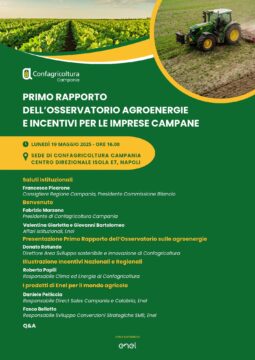A Confagricoltura Campania la presentazione del primo rapporto dell’Osservatorio Agroenergie e Incentivi per le imprese