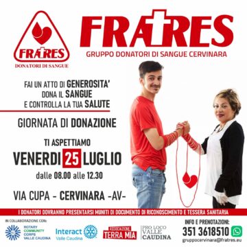 Cervinara: domani giornata della donazione del sangue organizzata dalla Frates Cervinara: domani giornata della donazione del sangue organizzata dalla Frates