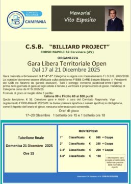 Cervinara: il grande biliardo protagonista con memorial Vito Esposito