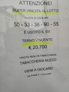 Cervinara: vinti 20mila e 700 euro con un terno alla tabaccheria Nuzzo